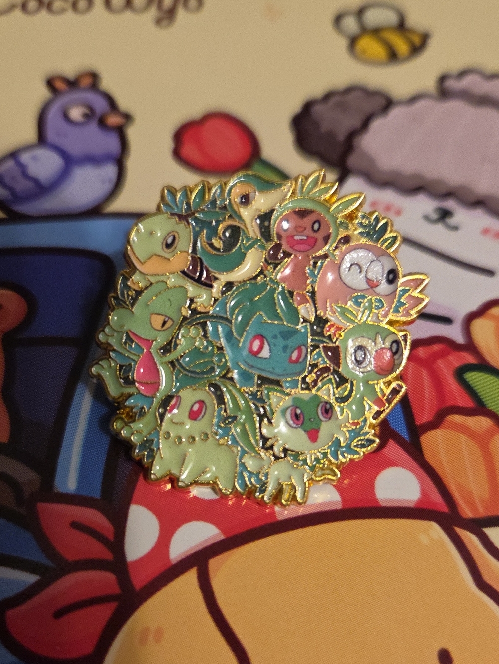 Pokemon Green & Pink Grass-Type Enamel Pin with Gold Trim